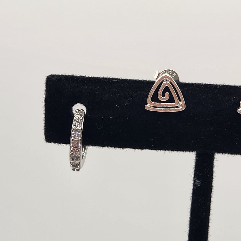 Silver Tone Triangle Swirl Stud Earrings and Crystal Hoop Earrings Set - Picture 4 of 7